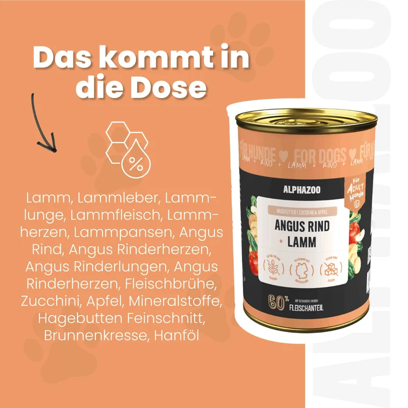 Angus Rind + Lamm Nassfutter fir Erwuessener Hunde