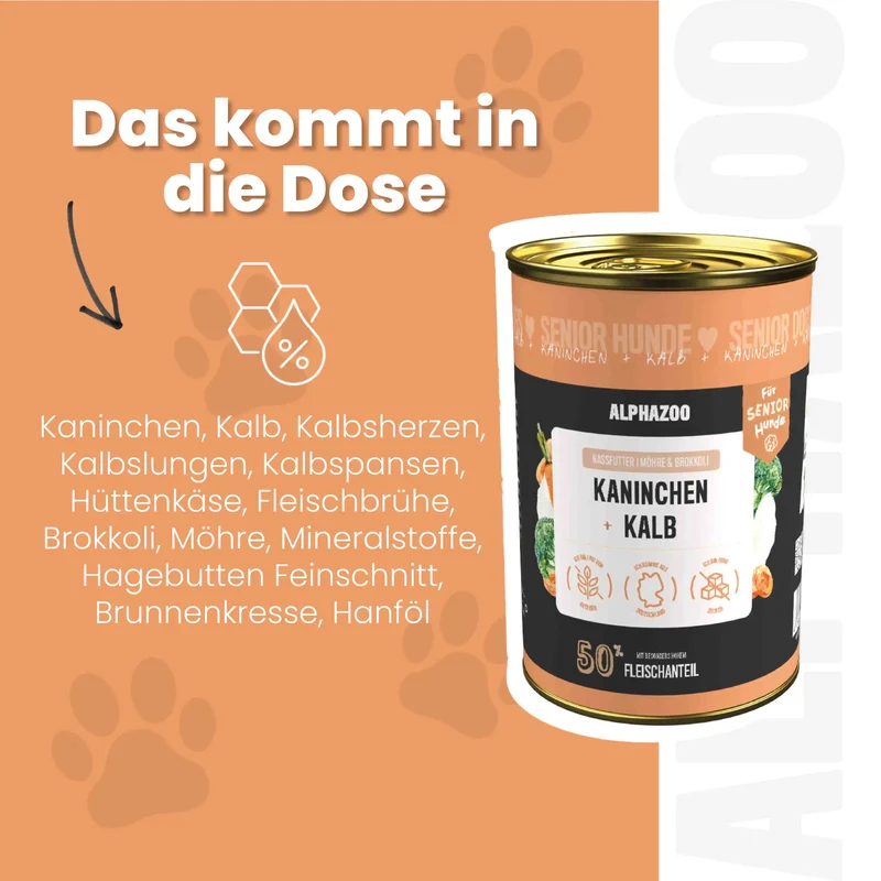 Kaninchen + Kalb Nassfutter fir Senior Hunde