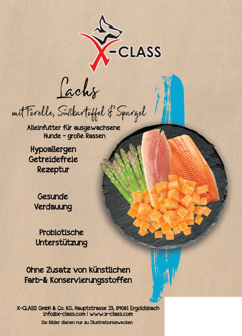 Getreidefrei Lachs mit Forelle, Süßkartoffel und Spargel für ausgewachsene große Hunde