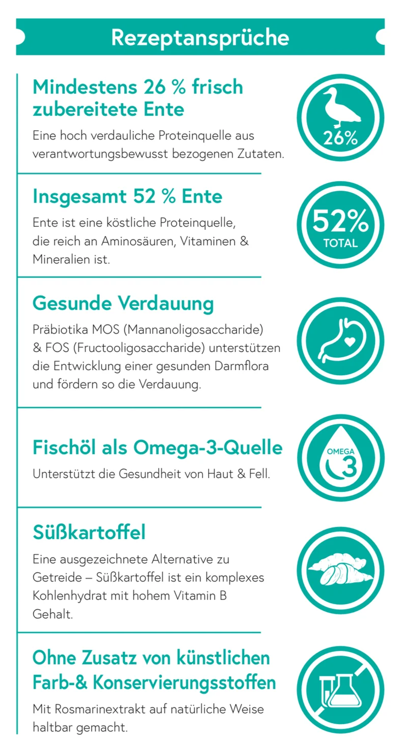 Getreidefrei Ente mit Süßkartoffel und Orange für ausgewachsene kleine Hunde