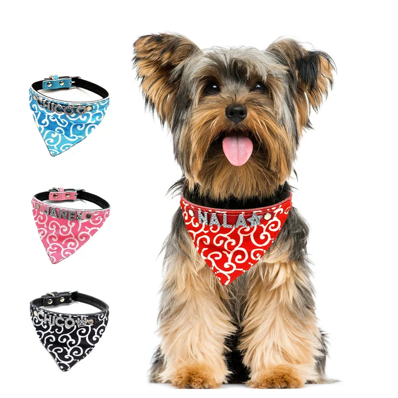 Hundehalstuch mit Namen und Hundehalsband aus echtem Leder. Besetzt mit glitzer Strass-Buchstaben
