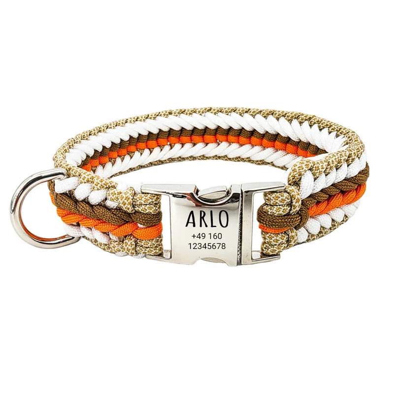 Arlo – Handgefertigtes Paracord Hundehalsband mit Gravur | Narancs-Braun-Weiß-Bézs