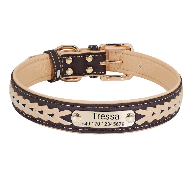 Hundehalsband mit Namen "Tressa". Gravur von Name und Telefon, in drei verschiedenen Größen