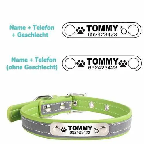 Hundehalsband mit Namen und Telefon graviert. Refleksyon