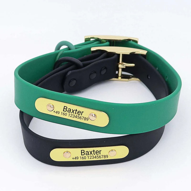 Wasserfestes Biothane Hundehalsband "Baxter" mit Gravur – Non & Telefonnummer – Deyò – Grün oder Schwarz – S, M, L