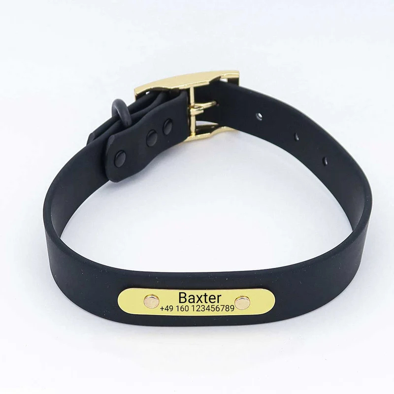 Wasserfestes Biothane Hundehalsband "Baxter" mit Gravur – Non & Telefonnummer – Deyò – Grün oder Schwarz – S, M, L