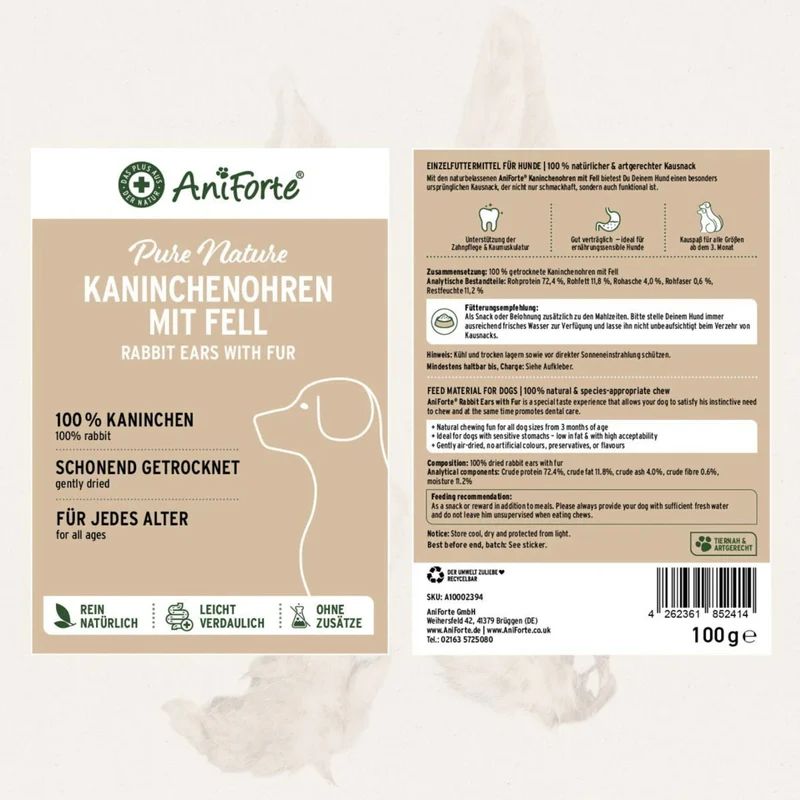 AniForte Kaninchenohren mit Fell – Natürlicher Kauspaß für gesunde Zähne & entspannte Hunde