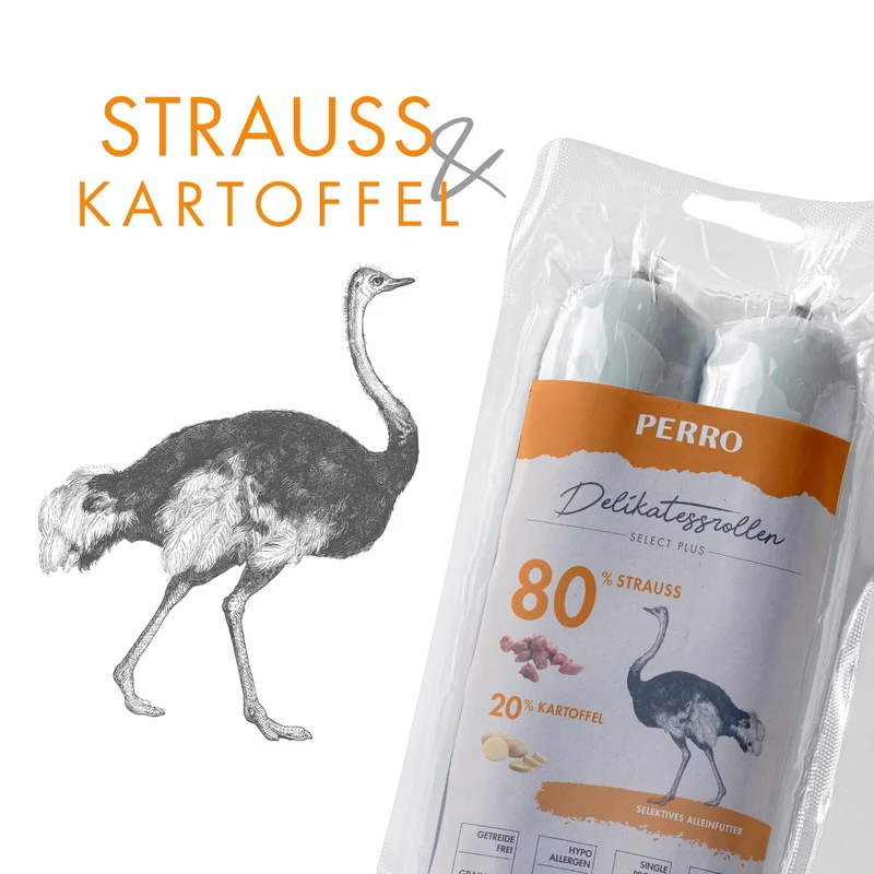 Perro Delikatessrolle No.1 Strauß & Kartoffel – Hypoallergene Premium-Hundewurst für sensible Vierbeiner