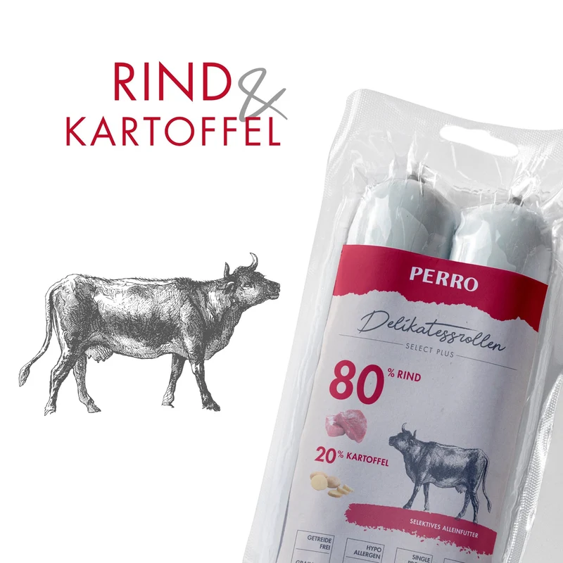 Perro Delikatessrolle No.1 Rind & Kartoffel – Premium Hundewurst für ernährungssensible Hunde, getreidefrei, leicht verdaulich, hoher Fleischanteil, natürliche Zutaten