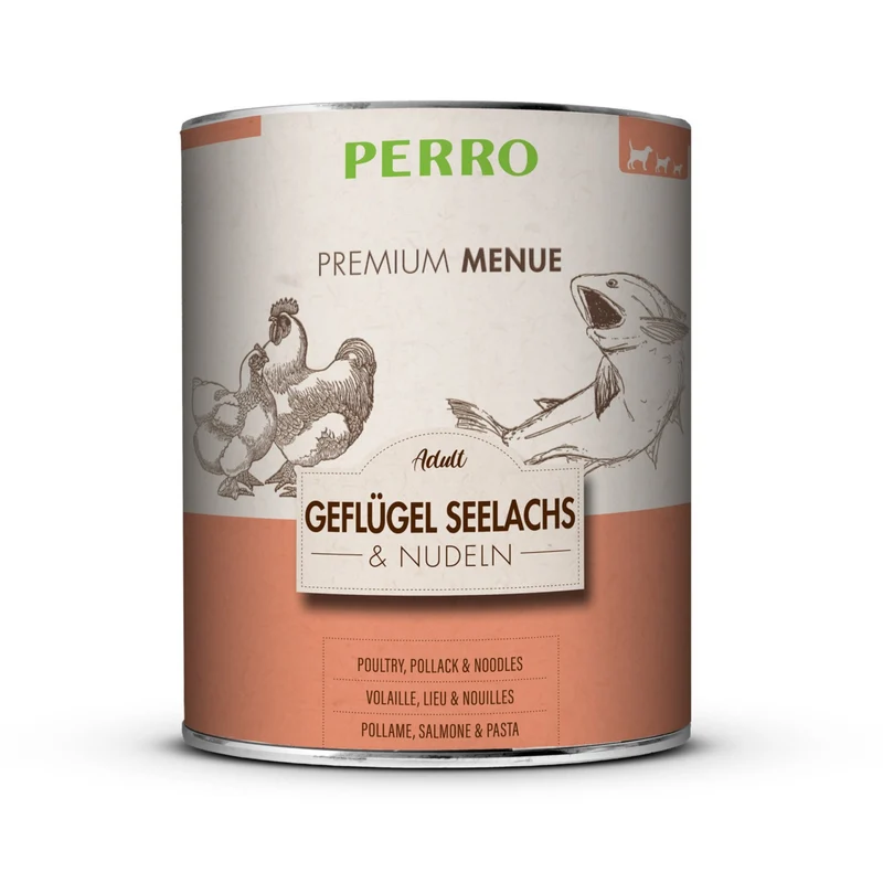 Perro Premium Menü Adult Geflügel, Seelachs & Nudeln – Hochwertiges Nassfutter für ausgewachsene Hunde mit natürlichen Zutaten in Lebensmittelqualität