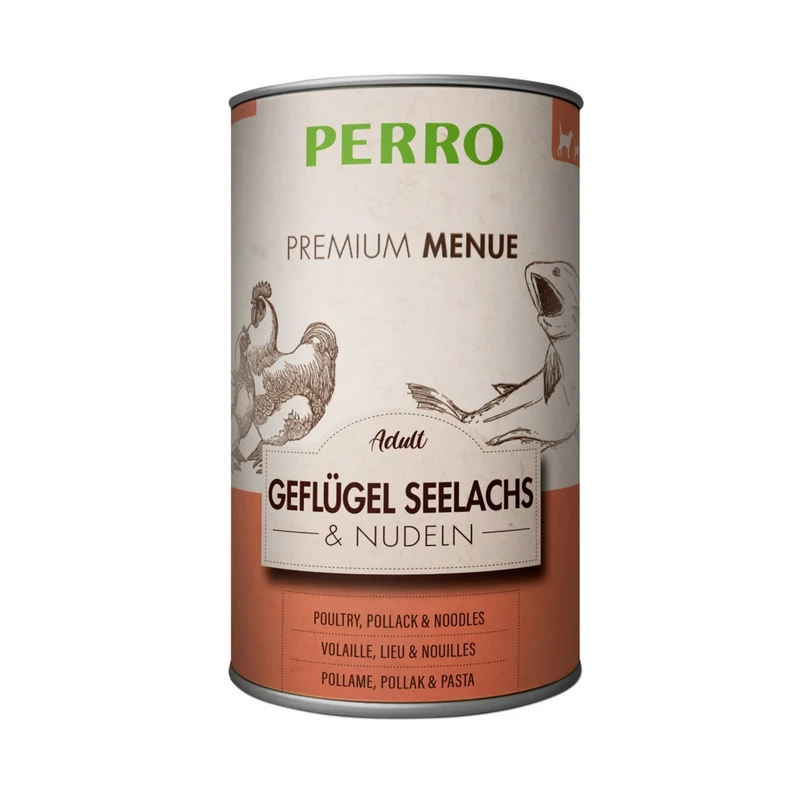 Perro Premium Menü Adult Geflügel, Seelachs & Nudeln – Hochwertiges Nassfutter für ausgewachsene Hunde mit natürlichen Zutaten in Lebensmittelqualität
