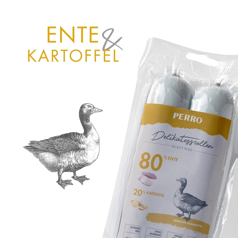Perro Delikatessrolle No.1 Ente & Kartoffel – Premium Hundewurst für Allergiker, 100% glutenfrei, Single-Protein Frischfleisch, schnittfest & frisch verpackt