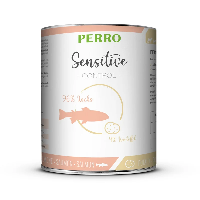 Perro Sensitive Control Lachs & Kartoffeln – Hypoallergenes Nassfutter für Hunde mit Futtermittelintoleranz, getreidefrei & glutenfrei, 96% Fischanteil, Single-Protein für Ausschlussdiäten