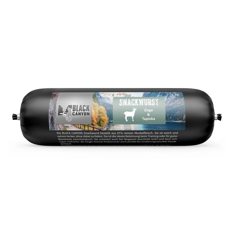 Black Canyon Snackwurst Ziege – Schnittfeste Premium-Belohnung für ernährungssensible Hunde, Monoprotein, getreidefrei, ideal fürs Training