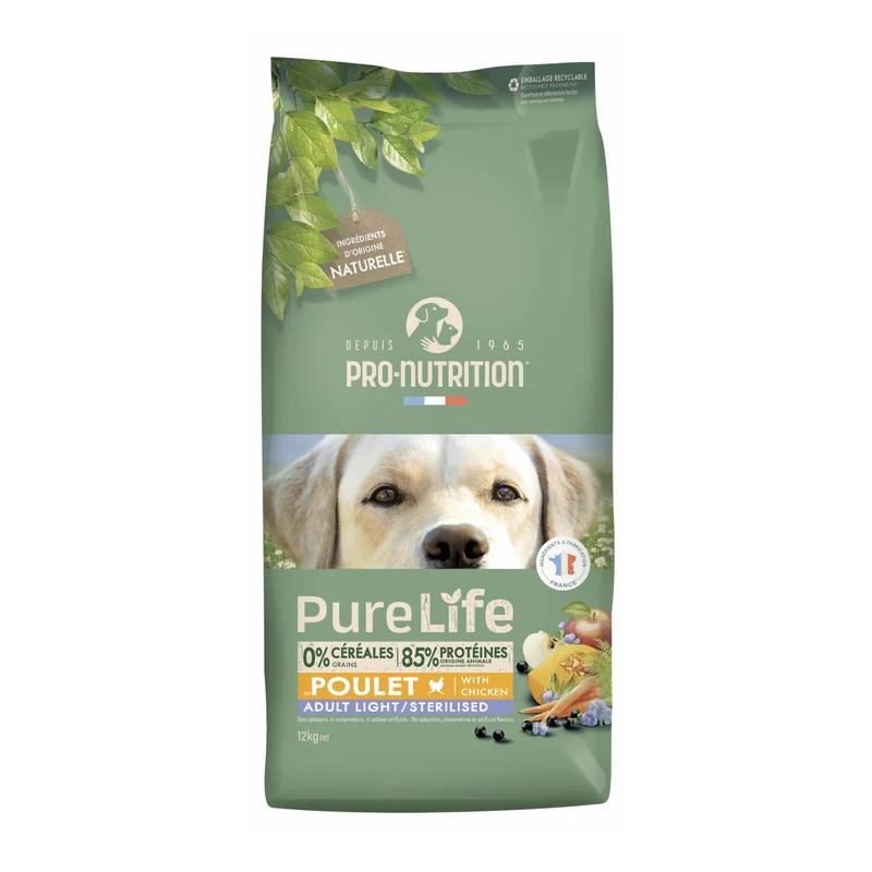 Pro-Nutrition Flatazor Pure Life Adult Light/Sterilised – Getreidefreies Trockenfutter für übergewichtige & kastrierte Hunde mit Huhn