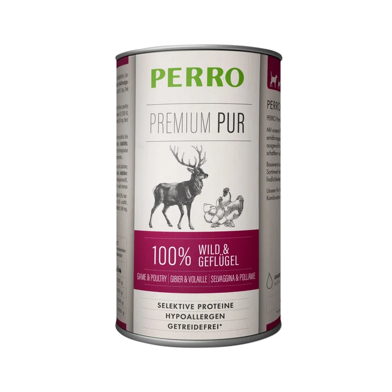 Perro Premium Pur Wild & Geflügel – Hypoallergenes Hunde Nassfutter für sensible Verdauung, Ausschlussdiät geeignet, getreidefrei & glutenfrei