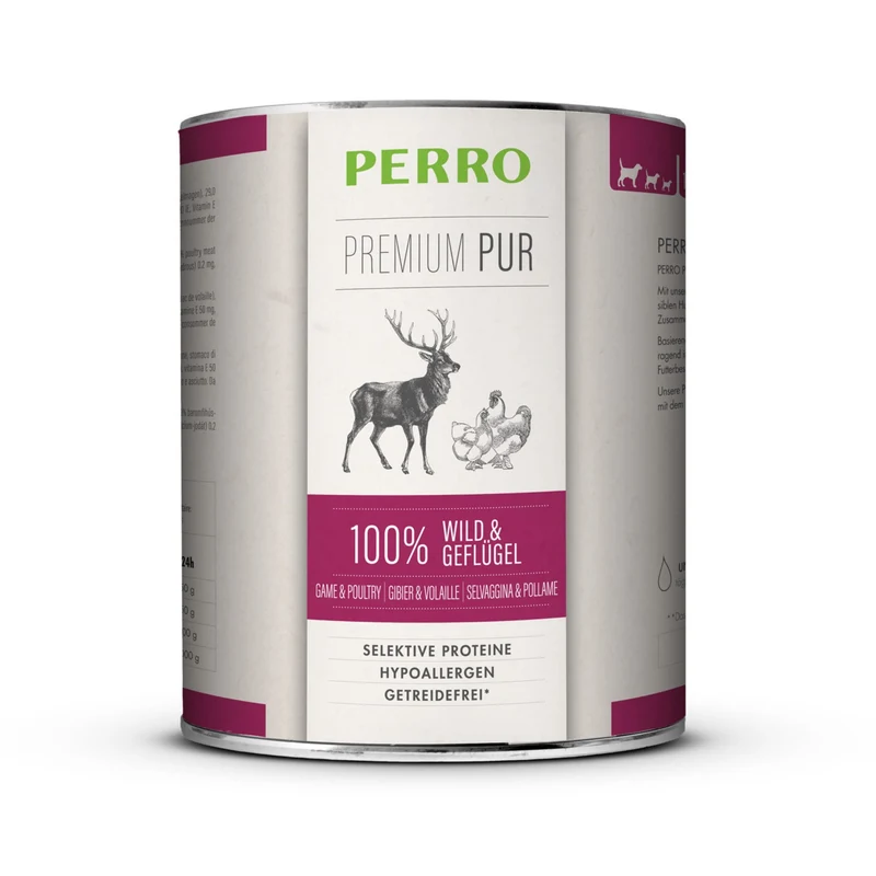 Perro Premium Pur Wild & Geflügel – Hypoallergenes Hunde Nassfutter für sensible Verdauung, Ausschlussdiät geeignet, getreidefrei & glutenfrei