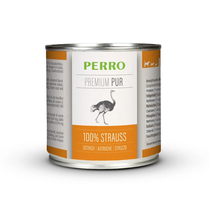 Perro Premium Pur Strauß – 100% Monoprotein Nassfutter für Hunde mit Futtermittelunverträglichkeit & Allergien | Hypoallergen, Getreidefrei, Glutenfrei, Singleprotein