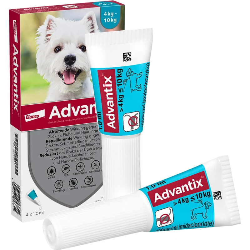 Advantix Spot-On 100 für kleine Hunde von 4 bis 10 kg Körpergewicht gegen Zecken, Flöhe und fliegende Insekten, 4 St. Einzeldosisbehältnisse