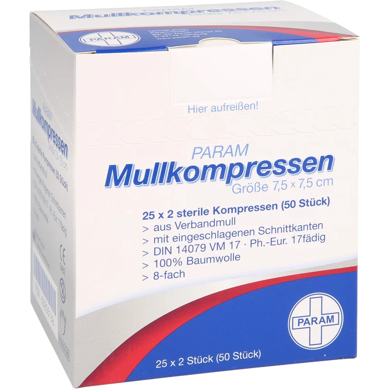 PARAM Mullkompressen 7,5 cm x 7,5 cm steril 8-fach, 50 St. Kompressen