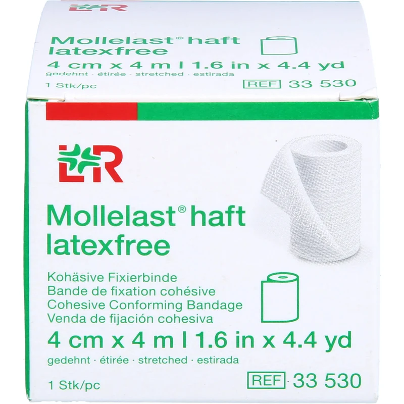 Mollelast haft latexfrei weiß 4cm x 4m kohäsive Fixierbinde zum Stützen und Entlasten von Gelenken, 1 St. Packung