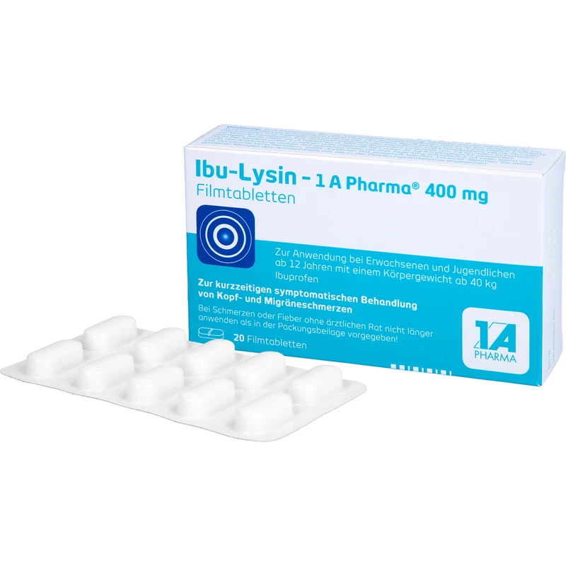 Ibu-Lysin 1A Pharma 400 mg Filmtabletten zur kurzzeitigen symptomatischen Behandlung von Kopf- und Migräneschmerzen, 20 St. Tabletten