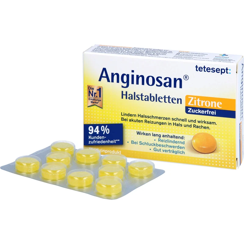 tetesept Anginosan Halstabletten Zitrone zuckerfrei lindern Halsschmerzen bei akuten Reizungen in Hals und Rachen, 20 St. Tabletten