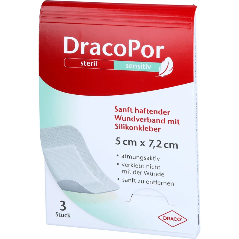 DracoPor sensitiv 5 x 7,2 cm steril sanft haftender Wundverband mit Silikonkleber, 3 St. Verband