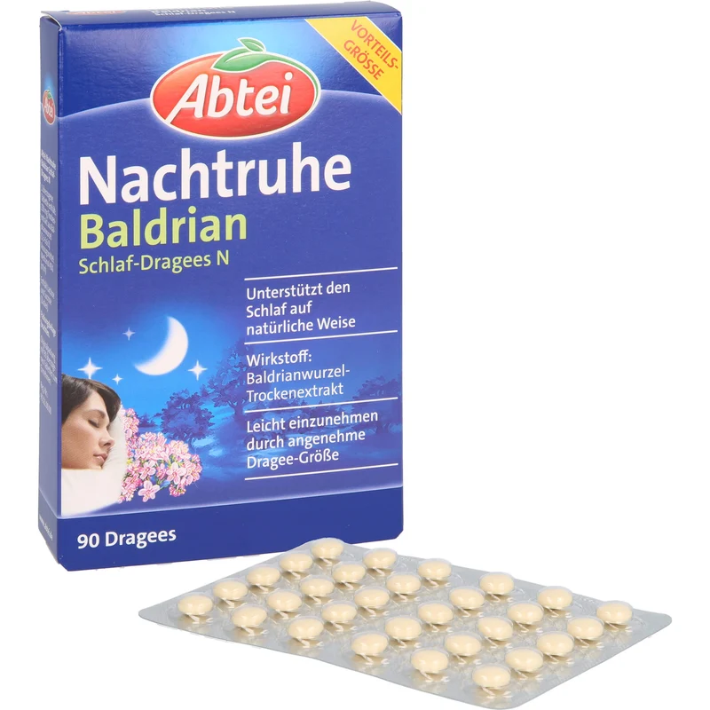 Abtei Nachtruhe Baldrian Schlaf-Dragees N zur Förderung von Entspannung und Schlaf, 90 St. Dragees