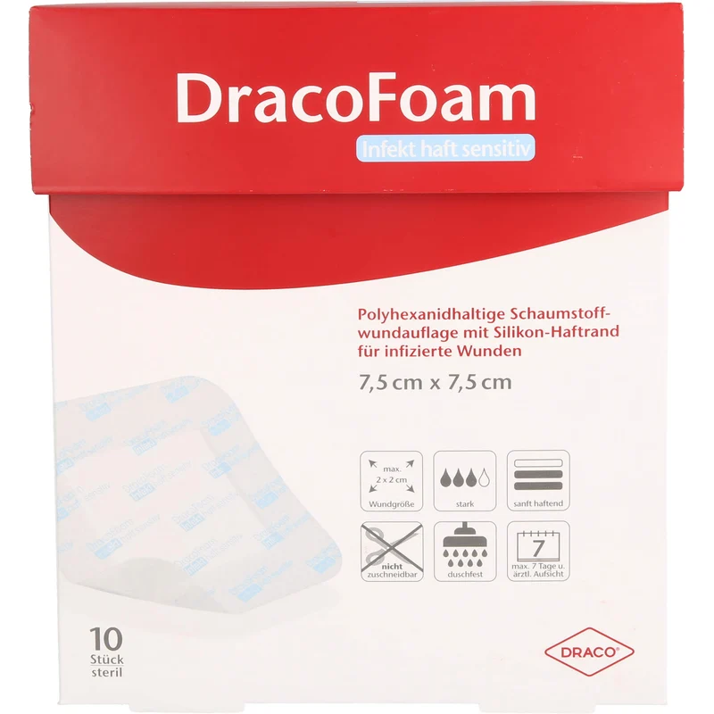 DracoFoam Infekt haft sensitiv 7,5 x 7,5 cm Schaumstoffwundauflage mit Silikon-Haftrand, 10 St. Wundauflagen