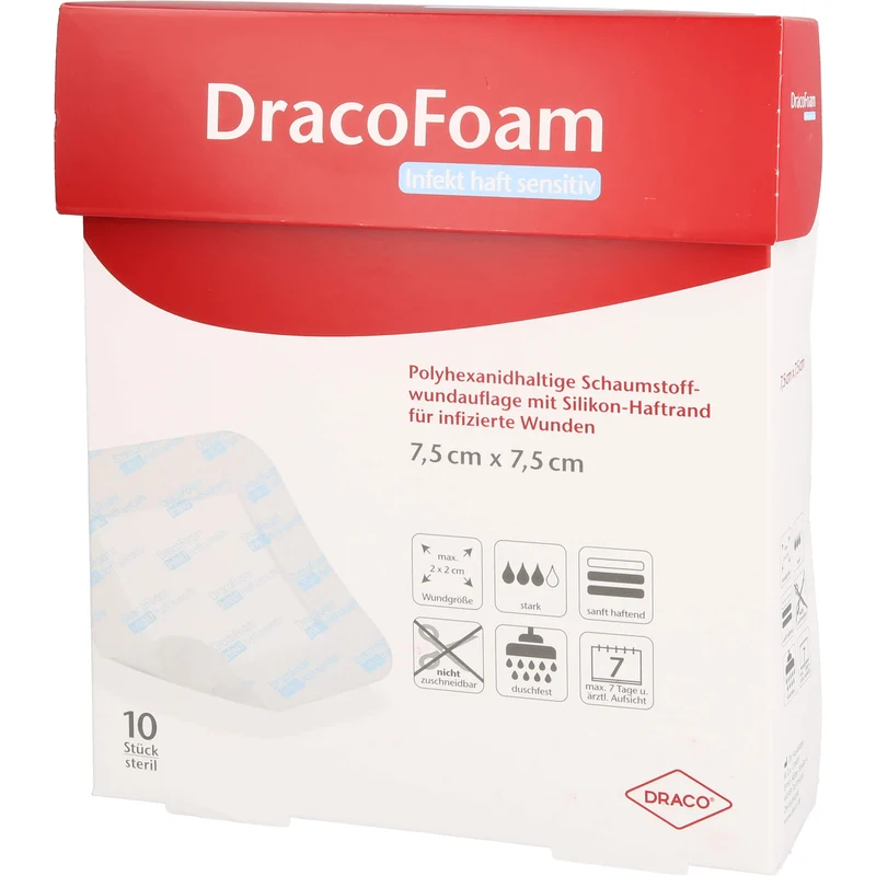 DracoFoam Infekt haft sensitiv 7,5 x 7,5 cm Schaumstoffwundauflage mit Silikon-Haftrand, 10 St. Wundauflagen