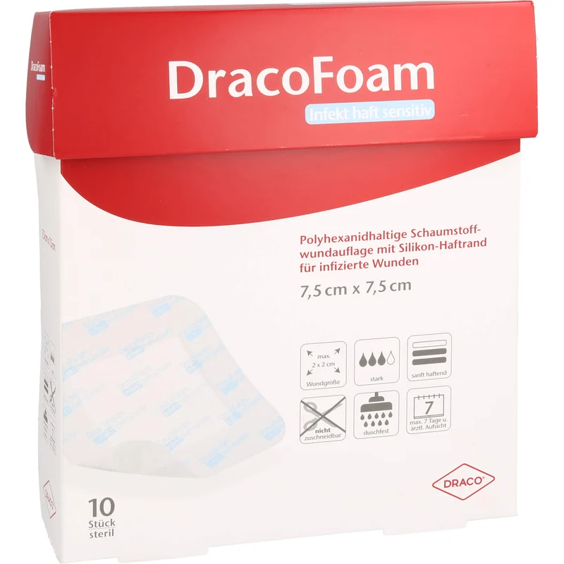 DracoFoam Infekt haft sensitiv 7,5 x 7,5 cm Schaumstoffwundauflage mit Silikon-Haftrand, 10 St. Wundauflagen