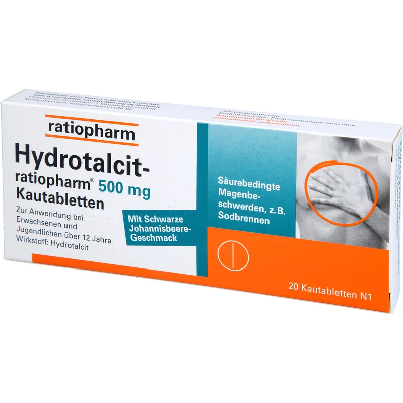 Hydrotalcit-ratiopharm 500 mg Kautabletten bei säurebedingte Magenbeschwerden wie Sodbrennen, 20 St. Tabletten