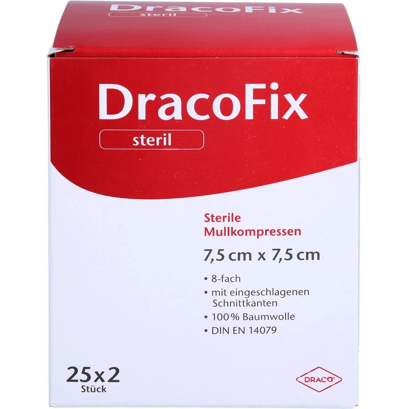 DracoFix sterile Mullkompressen zur Wundversorgung 7,5 cm x 7,5 cm 8-fach, 50 St. Kompressen