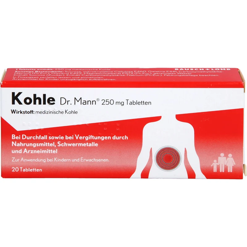 Kohle Dr. Mann 250 mg Tabletten bei Durchfall sowie bei Vergiftungen durch Nahrungsmittel, 20 St. Tabletten