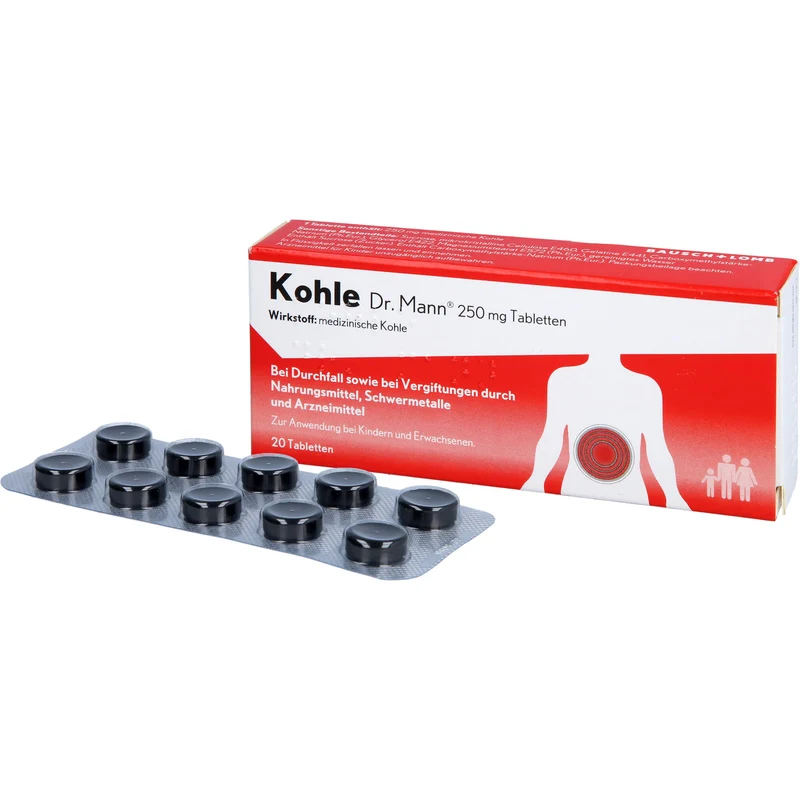 Kohle Dr. Mann 250 mg Tabletten bei Durchfall sowie bei Vergiftungen durch Nahrungsmittel, 20 St. Tabletten