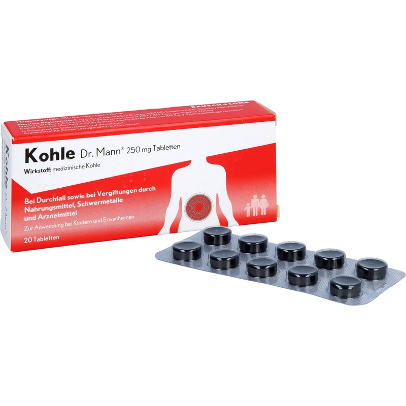 Kohle Dr. Mann 250 mg Tabletten bei Durchfall sowie bei Vergiftungen durch Nahrungsmittel, 20 St. Tabletten