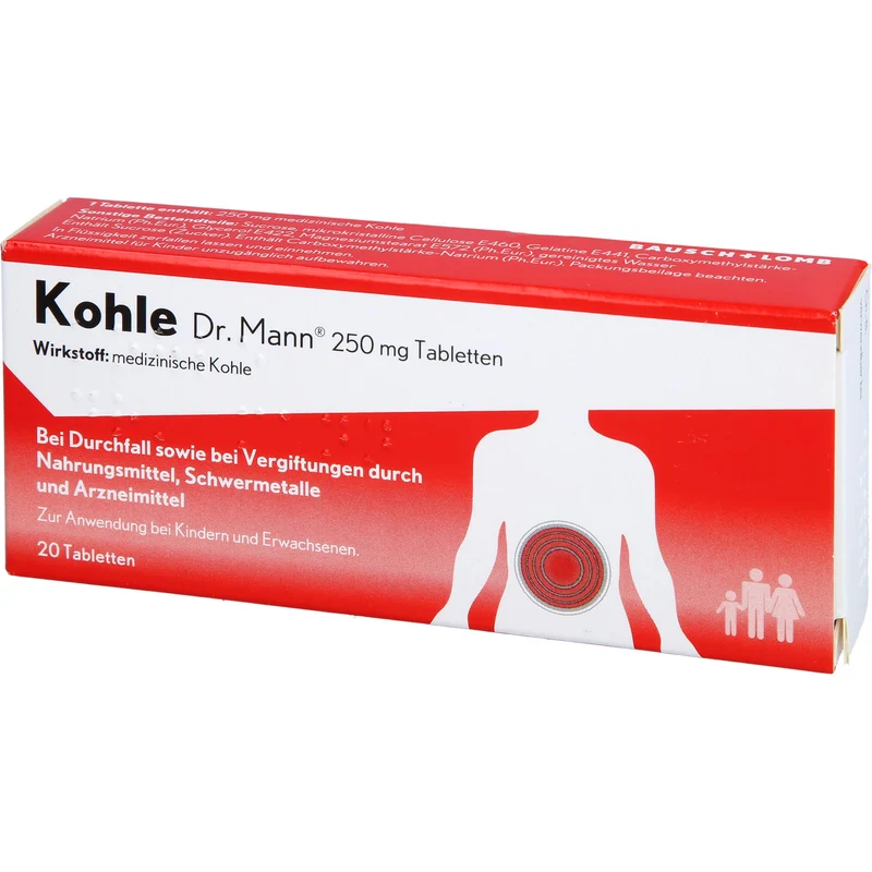 Kohle Dr. Mann 250 mg Tabletten bei Durchfall sowie bei Vergiftungen durch Nahrungsmittel, 20 St. Tabletten