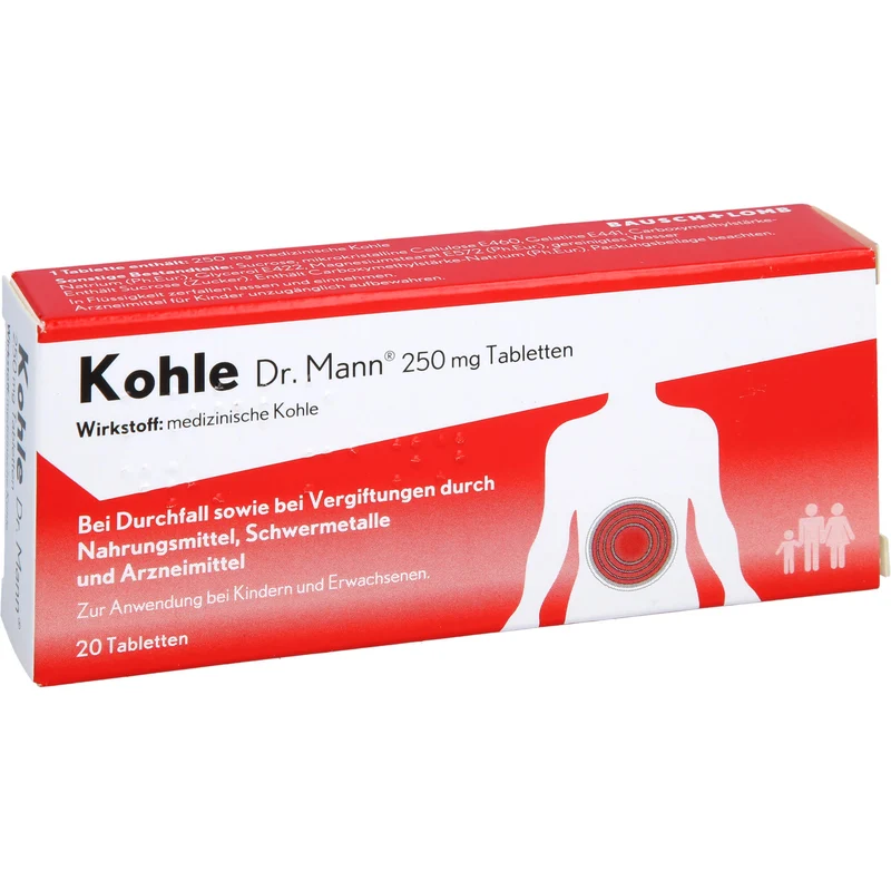Kohle Dr. Mann 250 mg Tabletten bei Durchfall sowie bei Vergiftungen durch Nahrungsmittel, 20 St. Tabletten