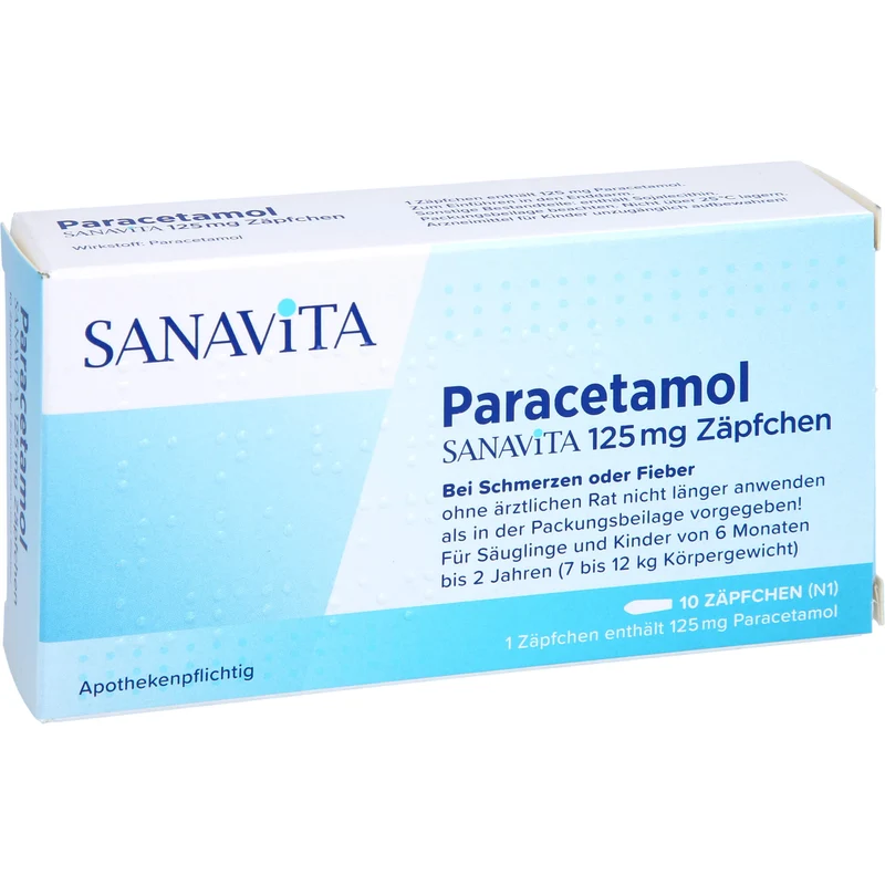 Paracetamol SANAVITA 125 mg Zäpfchen - für Säuglinge ab 6 Monate und Kleinkinder bis 2 Jahre (7 bis 12 kg Körpergewicht), 10 St. Zäpfchen