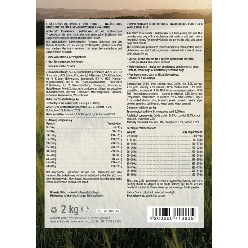 AniForte Pure Nature Premium-Trockenfutter mit Huhn – glutenfrei, leicht verdaulich & natürlich für ausgewachsene & ältere Hunde