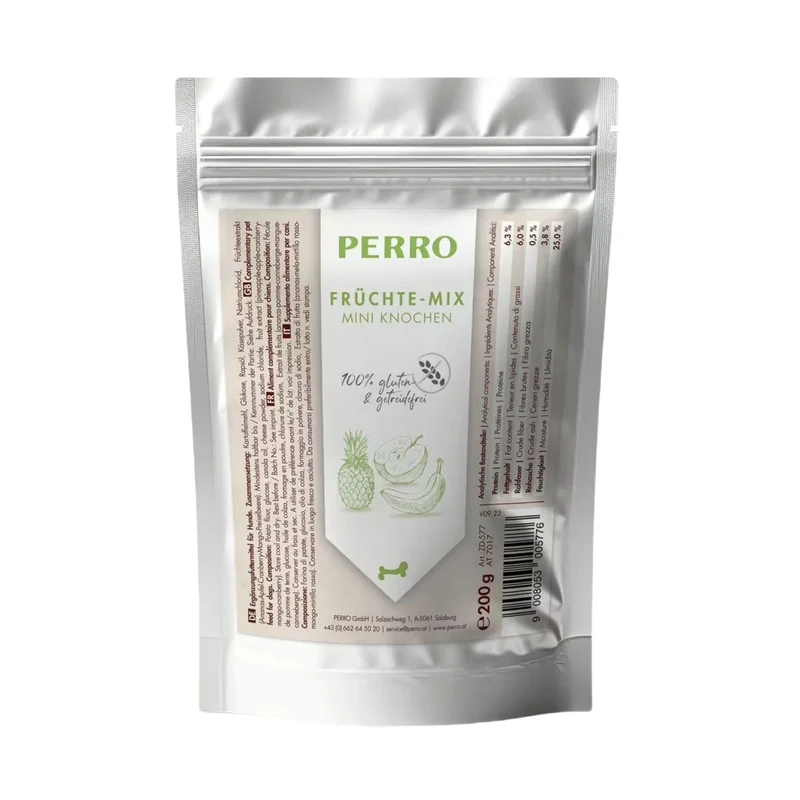 Perro Früchte Mix Mini Knochen – Weiche Trainingssnacks mit Käse & Fruchtextrakten, getreidefrei & vegetarisch für kleine Hunde