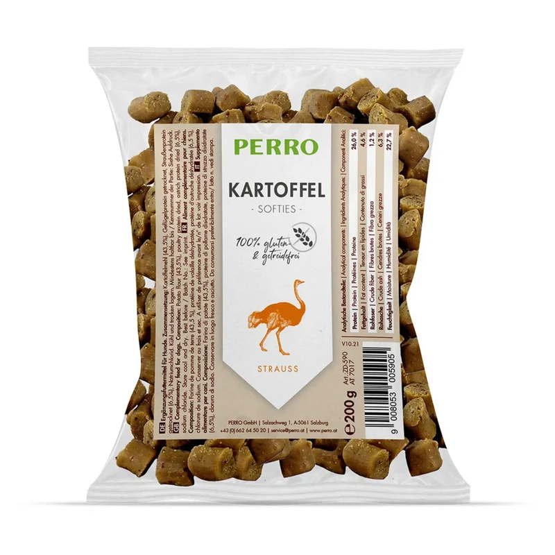 Perro Kartoffel Softies mit Strauß – Weiche Trainingsleckerlis für Hunde, Getreidefrei & Glutenfrei, Hypoallergen, Für Welpen & Senioren