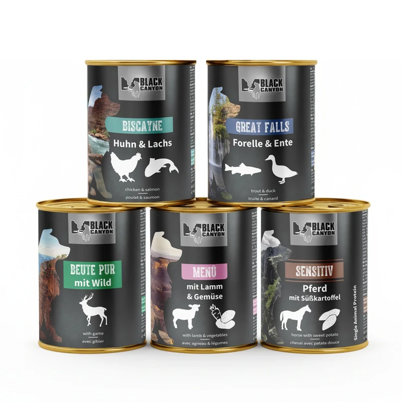 Black Canyon Probierpaket Nassfutter für Hunde – 5 Sorten getreidefreies Premium-Hundefutter zum Kennenlernen