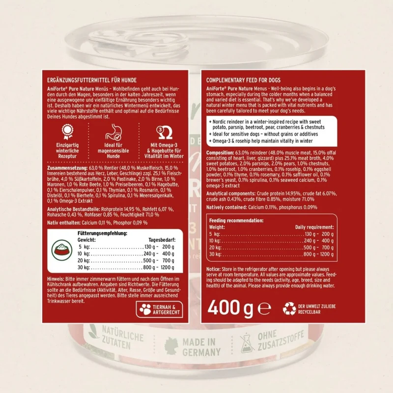 AniForte Pure Nature Winter Reindeer – Premium Hundenassfutter mit Rentier, Kürbis & Preiselbeeren für starke Abwehrkräfte