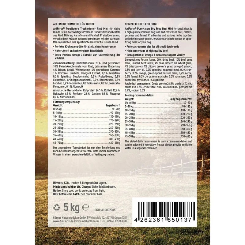 AniForte Pure Nature Rind Mini – Getreidefreies Premium-Trockenfutter für kleine Hunde mit saftigem Rind, Gemüse & Kräutern