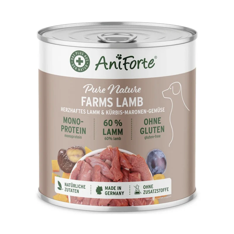 AniForte Pure Nature Farms Lamb Nassfutter für sensible Hunde – 100% Lamm, glutenfrei, mit herzhaftem Gemüse