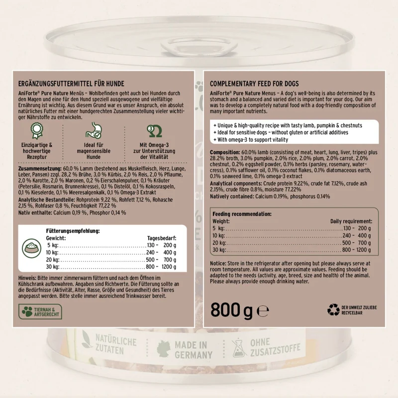 AniForte Pure Nature Farms Lamb Nassfutter für sensible Hunde – 100% Lamm, glutenfrei, mit herzhaftem Gemüse