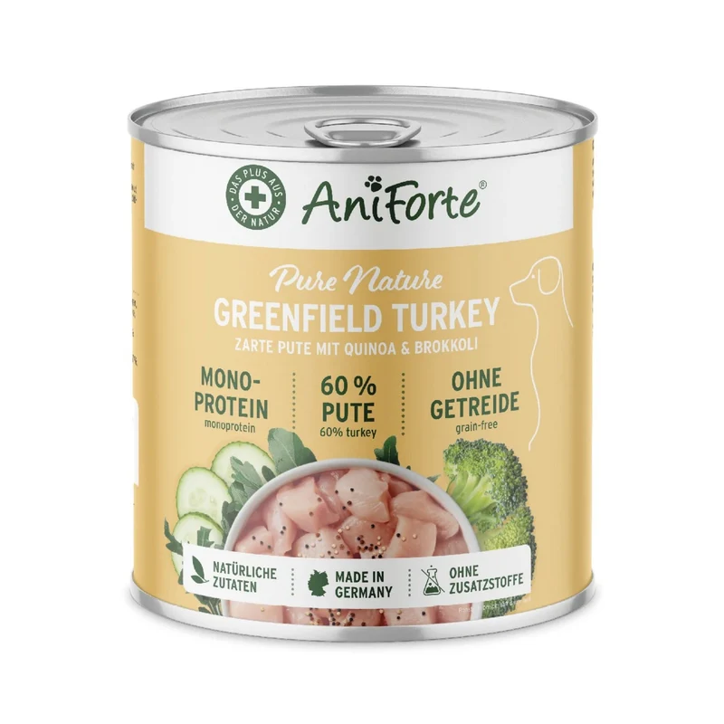 AniForte Pure Nature Greenfield Turkey Nassfutter für Hunde – Getreidefreies Premium-Hundefutter mit hohem Fleischanteil, natürliche Zutaten für Vitalität & gesunde Verdauung