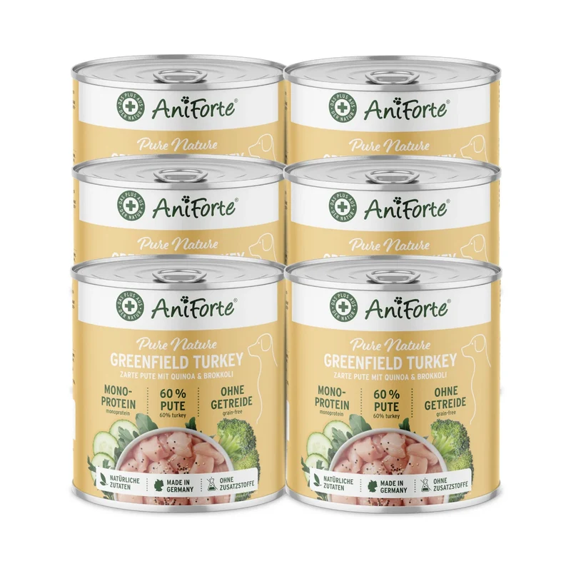 AniForte Pure Nature Greenfield Turkey Nassfutter für Hunde – Getreidefreies Premium-Hundefutter mit hohem Fleischanteil, natürliche Zutaten für Vitalität & gesunde Verdauung
